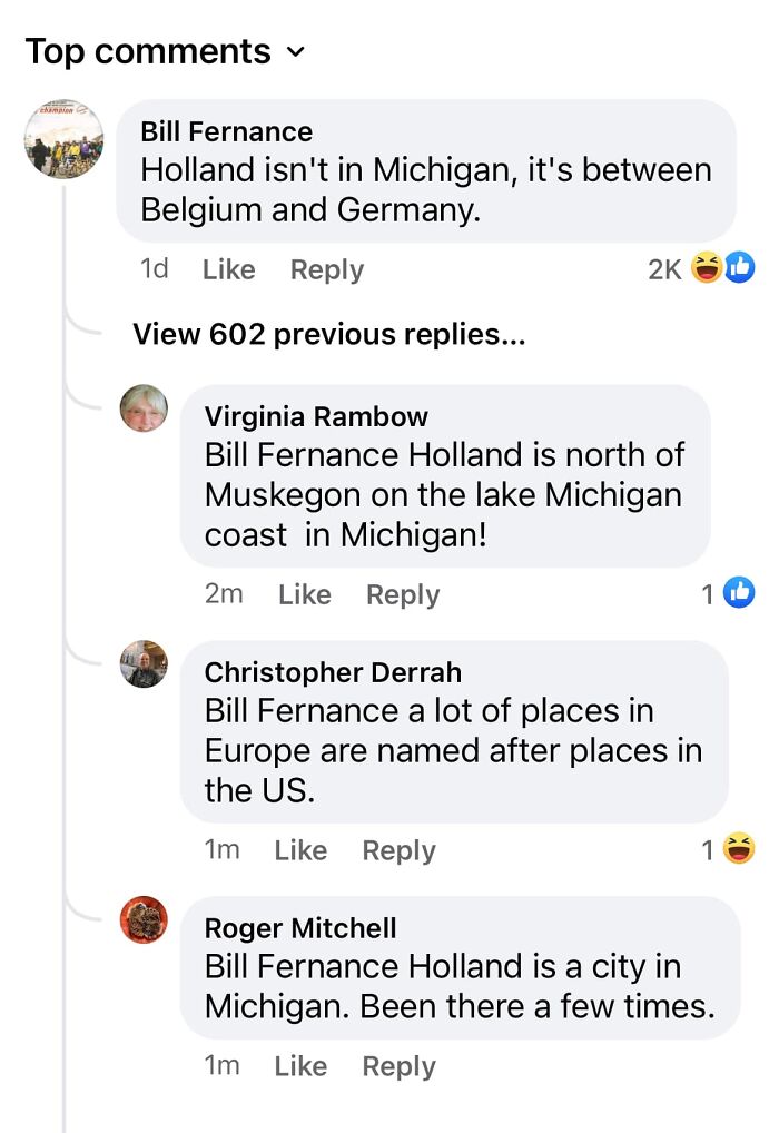 Facebook comments debating the location of Holland, Michigan, showcasing humor in failed attempts to fix geography mistakes.