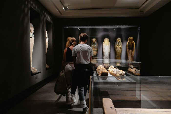 Two people observing ancient Egyptian artifacts displayed in a dimly lit museum, illustrating crazy facts shared online.