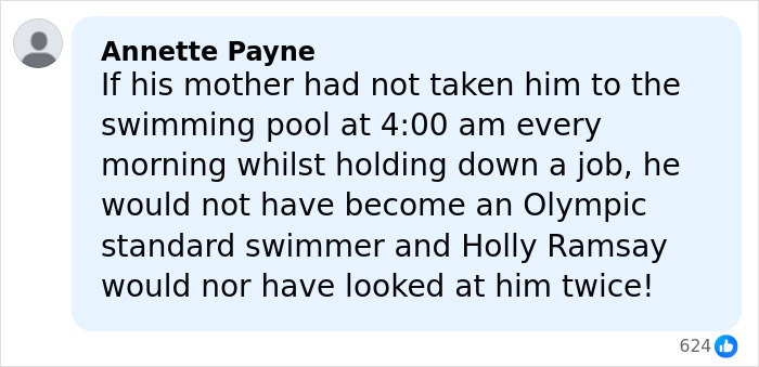 Comment about Gordon Ramsay's brutal speech at daughter's wedding referencing Adam Peaty and family drama.