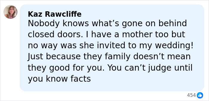 Comment from Kaz Rawcliffe about family tensions at a wedding mentioning Gordon Ramsay and Adam Peaty.