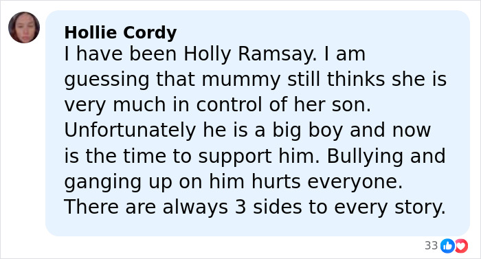 Comment from Hollie Cordy about bullying and support, relating to Gordon Ramsay's brutal speech at daughter's wedding. Comment from Hollie Cordy about bullying and support, relating to Gordon Ramsay's brutal speech at daughter's wedding.