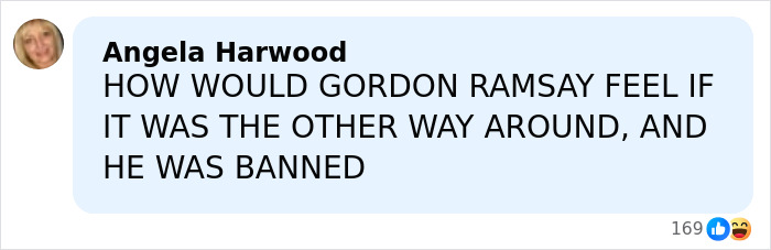 Comment by Angela Harwood in black text on a social media post discussing Gordon Ramsay’s reaction to a wedding incident.