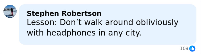 Screenshot of a social media comment warning about walking with headphones, linked to viral video exposing serial creep. Screenshot of a social media comment warning about walking with headphones, linked to viral video exposing serial creep.