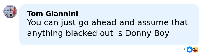 Comment by Tom Giannini discussing the assumption about blacked out information related to Donny Boy. Comment by Tom Giannini discussing the assumption about blacked out information related to Donny Boy.