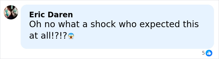 Comment by Eric Daren expressing shock with an emoji, reacting to a chilling toddler's foot appearing in photo beside Epstein. Comment by Eric Daren expressing shock with an emoji, reacting to a chilling toddler's foot appearing in photo beside Epstein.