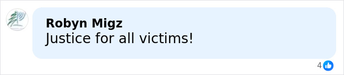 Comment by Robyn Migz saying Justice for all victims, related to chilling toddler's foot appearing beside Epstein in exposed files. Comment by Robyn Migz saying Justice for all victims, related to chilling toddler's foot appearing beside Epstein in exposed files.