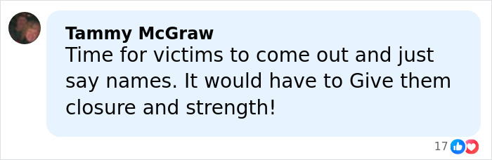 Comment by Tammy McGraw discussing victims coming forward for closure and strength related to toddler's foot photo beside Epstein. Comment by Tammy McGraw discussing victims coming forward for closure and strength related to toddler's foot photo beside Epstein.