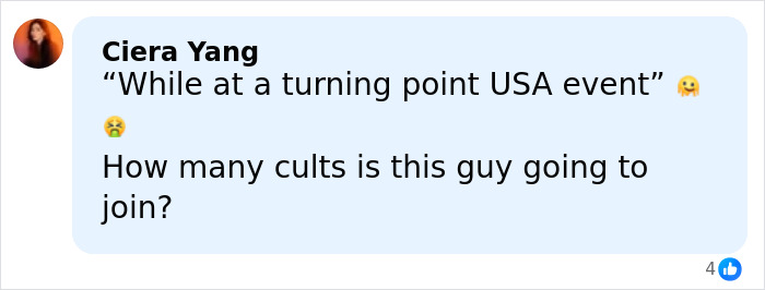 Comment by Ciera Yang questioning someone's involvement with cults during a Turning Point USA event.