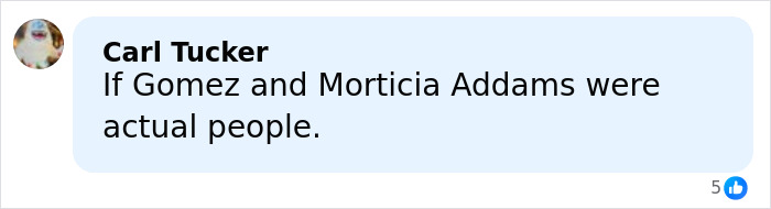 Screenshot of a social media comment humorously relating Gomez and Morticia Addams to real people, sparking discussion online.