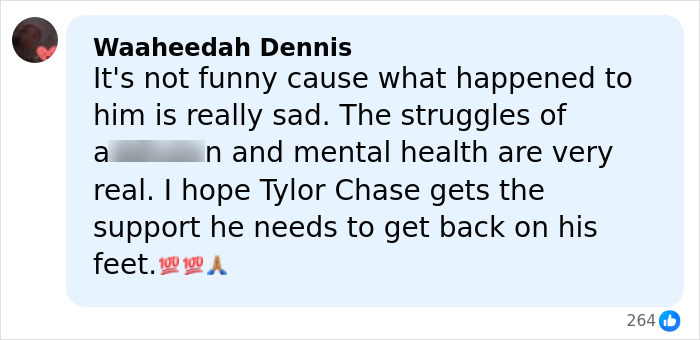 Social media comment expressing sadness over Tylor Chase’s hospitalization and mental health struggles with support wishes. Social media comment expressing sadness over Tylor Chase’s hospitalization and mental health struggles with support wishes.