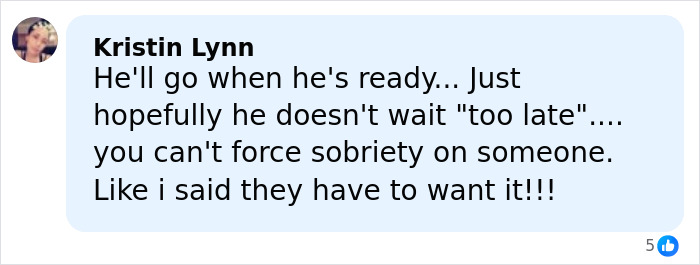 Comment from Kristin Lynn expressing hope about Tylor Chase’s hospitalization and sobriety not being forced on someone. Comment from Kristin Lynn expressing hope about Tylor Chase’s hospitalization and sobriety not being forced on someone.