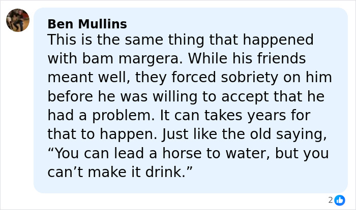 Comment discussing hospitalization and sobriety struggles related to Tylor Chase, shared by friend exposing the situation. Comment discussing hospitalization and sobriety struggles related to Tylor Chase, shared by friend exposing the situation.