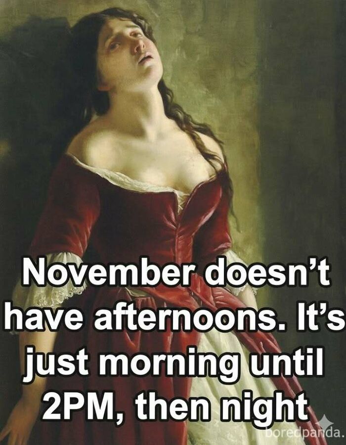 Woman in vintage dress with tired expression illustrating hilarious memes about missing afternoons in November.