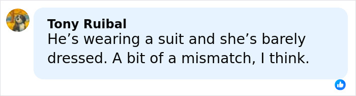 Comment from Tony Ruibal discussing mismatch between a suit and a barely dressed sheer outfit appearance. Comment from Tony Ruibal discussing mismatch between a suit and a barely dressed sheer outfit appearance.