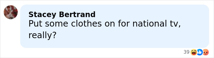 Comment by Stacey Bertrand criticizing a sheer outfit, discussing Millie Bobby Brown fans' reactions on social media. Comment by Stacey Bertrand criticizing a sheer outfit, discussing Millie Bobby Brown fans' reactions on social media.