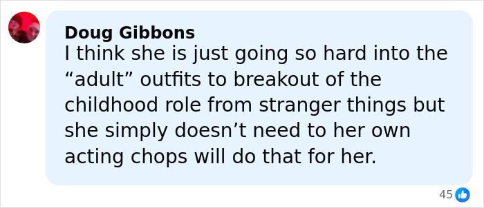 Comment by Doug Gibbons discussing Millie Bobby Brown’s adult outfit choices and fan reactions on social media. Comment by Doug Gibbons discussing Millie Bobby Brown’s adult outfit choices and fan reactions on social media.