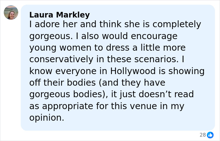 Comment praising Millie Bobby Brown’s look but suggesting more conservative dressing for certain venues, discussing adult outfit debate. Comment praising Millie Bobby Brown’s look but suggesting more conservative dressing for certain venues, discussing adult outfit debate.