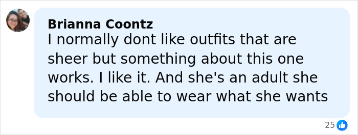Comment from Brianna Coontz supporting Millie Bobby Brown's sheer outfit and adult fashion choices, discussed by fans. Comment from Brianna Coontz supporting Millie Bobby Brown's sheer outfit and adult fashion choices, discussed by fans.