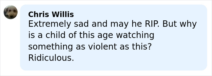 Comment by Chris Willis expressing sadness over a schoolboy, 12, losing his life after a Squid Game prank. Comment by Chris Willis expressing sadness over a schoolboy, 12, losing his life after a Squid Game prank.