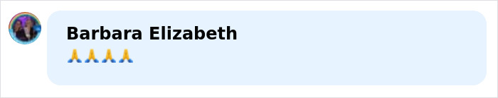 Comment by Barbara Elizabeth with multiple praying hand emojis on a light blue social media message bubble. Comment by Barbara Elizabeth with multiple praying hand emojis on a light blue social media message bubble.