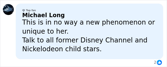 Comment from Michael Long discussing plastic surgery rumors involving Millie Bobby Brown and child stars from Disney and Nickelodeon.