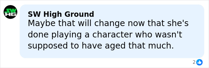 Comment from SW High Ground discussing Millie Bobby Brown’s character aging and related plastic surgery rumors. Comment from SW High Ground discussing Millie Bobby Brown’s character aging and related plastic surgery rumors.