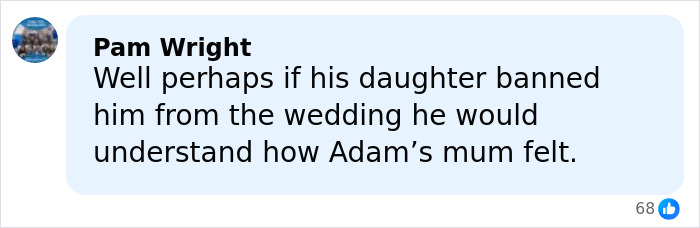 Comment from Pam Wright discussing Gordon Ramsay’s harsh speech at daughter’s wedding to Adam Peaty after family drama.