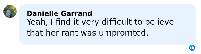 Facebook comment by Danielle Garrand expressing disbelief about the unprompted rant of a racist Cinnabon employee. Facebook comment by Danielle Garrand expressing disbelief about the unprompted rant of a racist Cinnabon employee.