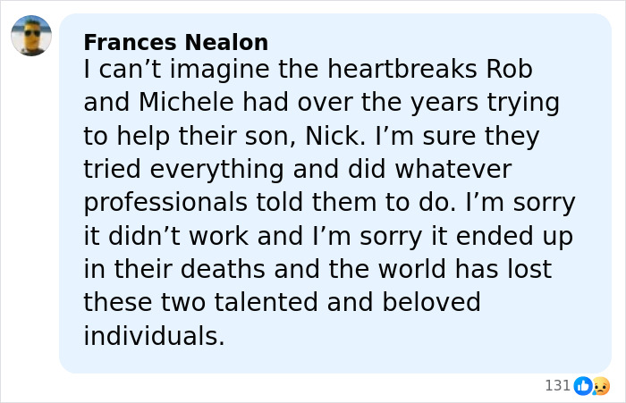Comment expressing sympathy for Rob Reiner&rsquo;s son Nick amid family struggles after a tense moment with Bill Hader.