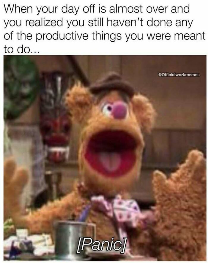 Puppet character panicking about not being productive on day off, funny meme about stress relief and laughter.
