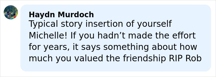 Comment screenshot showing a user named Haydn Murdoch criticizing Michelle Obama about her response to Rob Reiner’s tragedy and friendship. Comment screenshot showing a user named Haydn Murdoch criticizing Michelle Obama about her response to Rob Reiner’s tragedy and friendship.
