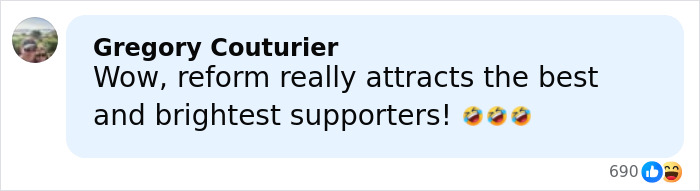Comment by Gregory Couturier expressing sarcasm about reform supporters with laughing emojis on social media.