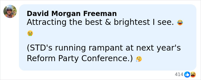 Comment by David Morgan Freeman on a social media post about Reform Party Conference and rising STD concerns.