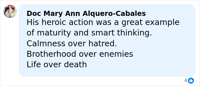 Comment praising the Bondi Beach hero for his heroic action, maturity, calmness, and bravery after confronting an attacker. Comment praising the Bondi Beach hero for his heroic action, maturity, calmness, and bravery after confronting an attacker.
