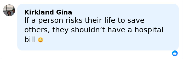 Facebook comment by Kirkland Gina expressing opinion on hospital bills for a Bondi Beach hero who confronted an attacker. Facebook comment by Kirkland Gina expressing opinion on hospital bills for a Bondi Beach hero who confronted an attacker.