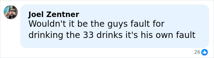 Facebook comment by Joel Zentner discussing responsibility related to cruise passenger served 33 drinks before fatal incident.