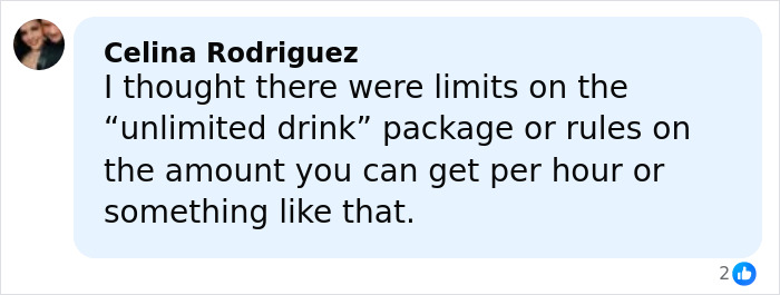 Comment by Celina Rodriguez questioning limits on unlimited drink packages and hourly drink amounts on a cruise ship. Comment by Celina Rodriguez questioning limits on unlimited drink packages and hourly drink amounts on a cruise ship.