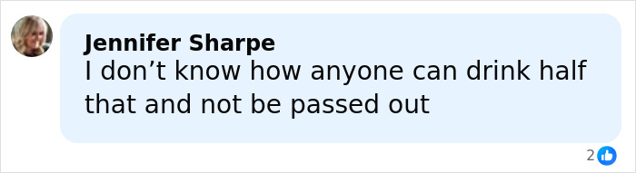 Comment from Jennifer Sharpe expressing disbelief about drinking a large amount without passing out, related to cruise passenger incident. Comment from Jennifer Sharpe expressing disbelief about drinking a large amount without passing out, related to cruise passenger incident.