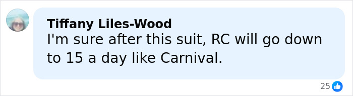 Comment by Tiffany Liles-Wood discussing cruise passenger incident and drink overconsumption on social media post. Comment by Tiffany Liles-Wood discussing cruise passenger incident and drink overconsumption on social media post.