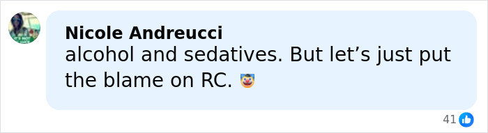 Comment by Nicole Andreucci discussing alcohol and sedatives related to cruise passenger incident. Comment by Nicole Andreucci discussing alcohol and sedatives related to cruise passenger incident.