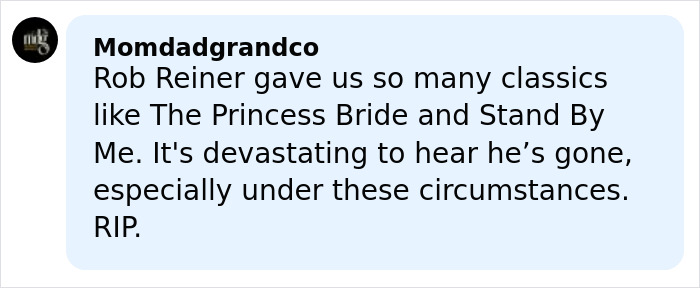 Facebook comment mourning Rob Reiner’s death, highlighting his classic films amid tragic circumstances. Facebook comment mourning Rob Reiner’s death, highlighting his classic films amid tragic circumstances.