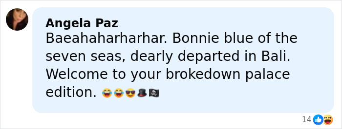 Comment by Angela Paz referencing Bonnie Blue and Bali with emojis, discussing a broken-down palace edition.