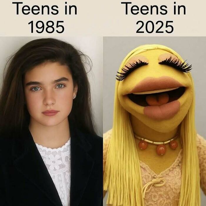 Comparison of teens in 1985 and 2025 shown humorously with a realistic photo and a puppet in a hilarious meme format.