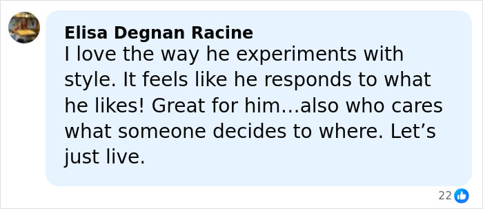 Social media comment praising Timothée Chalamet’s style and personal expression during red carpet events. Social media comment praising Timothée Chalamet’s style and personal expression during red carpet events.