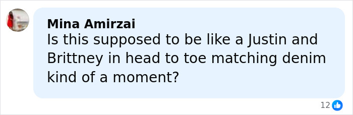 Comment by Mina Amirzai questioning matching denim outfits, related to Timothée Chalamet's red carpet look odd detail discussion. Comment by Mina Amirzai questioning matching denim outfits, related to Timothée Chalamet's red carpet look odd detail discussion.