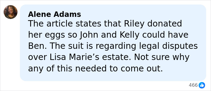 Comment discussing Riley Keough’s egg donation to John Travolta’s son Ben amid legal estate disputes. Comment discussing Riley Keough’s egg donation to John Travolta’s son Ben amid legal estate disputes.