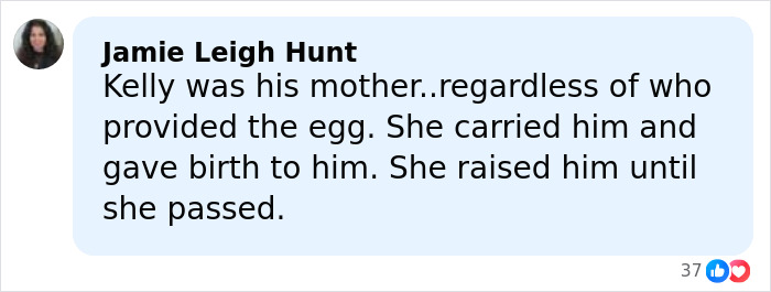 Comment by Jamie Leigh Hunt discussing Riley Keough as John Travolta’s son Ben’s biological mother in a social media post. Comment by Jamie Leigh Hunt discussing Riley Keough as John Travolta’s son Ben’s biological mother in a social media post.