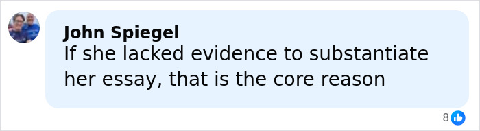 Comment by John Spiegel discussing evidence related to a student's gender essay citing the Bible in a college setting.