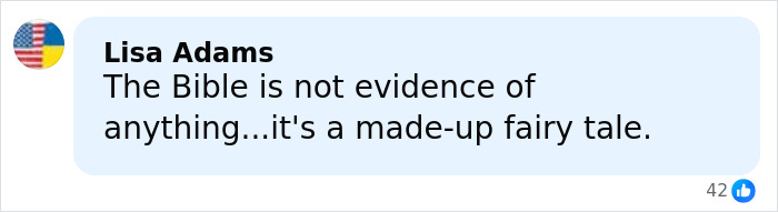 Comment from Lisa Adams stating the Bible is a made-up fairy tale, related to trans instructor and gender essay controversy.