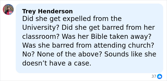 Comment discussing a gender essay citing the Bible and a trans instructor ousted from college after failing the student.